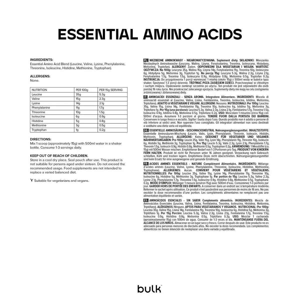 Bulk Pure Essential Amino Acids Powder, 500 g, Packaging May Vary, Non aromatizzato, 33 Porzioni