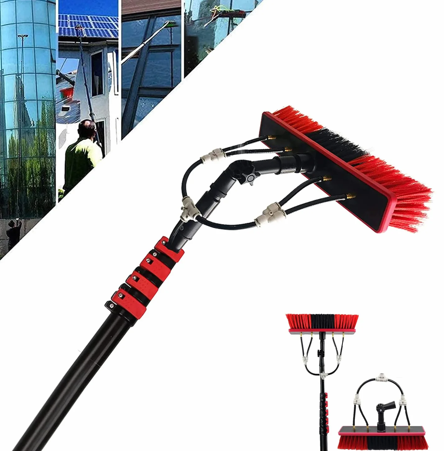 Kit de limpiador de ventanas telescóo con manguera de suministro de agua de 20 m, cepillo exteble para limpieza de techos de invernadero y mantenimiento de ventanas
