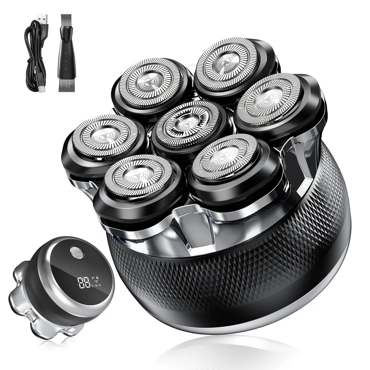 7D Rasoio Testa Calva, Rasoio Elettrico con 2 Velocità Regolabili Uomo 0 mm Impermeabile Cordless con Display LED, Rasa e Taglia Capelli a Zero