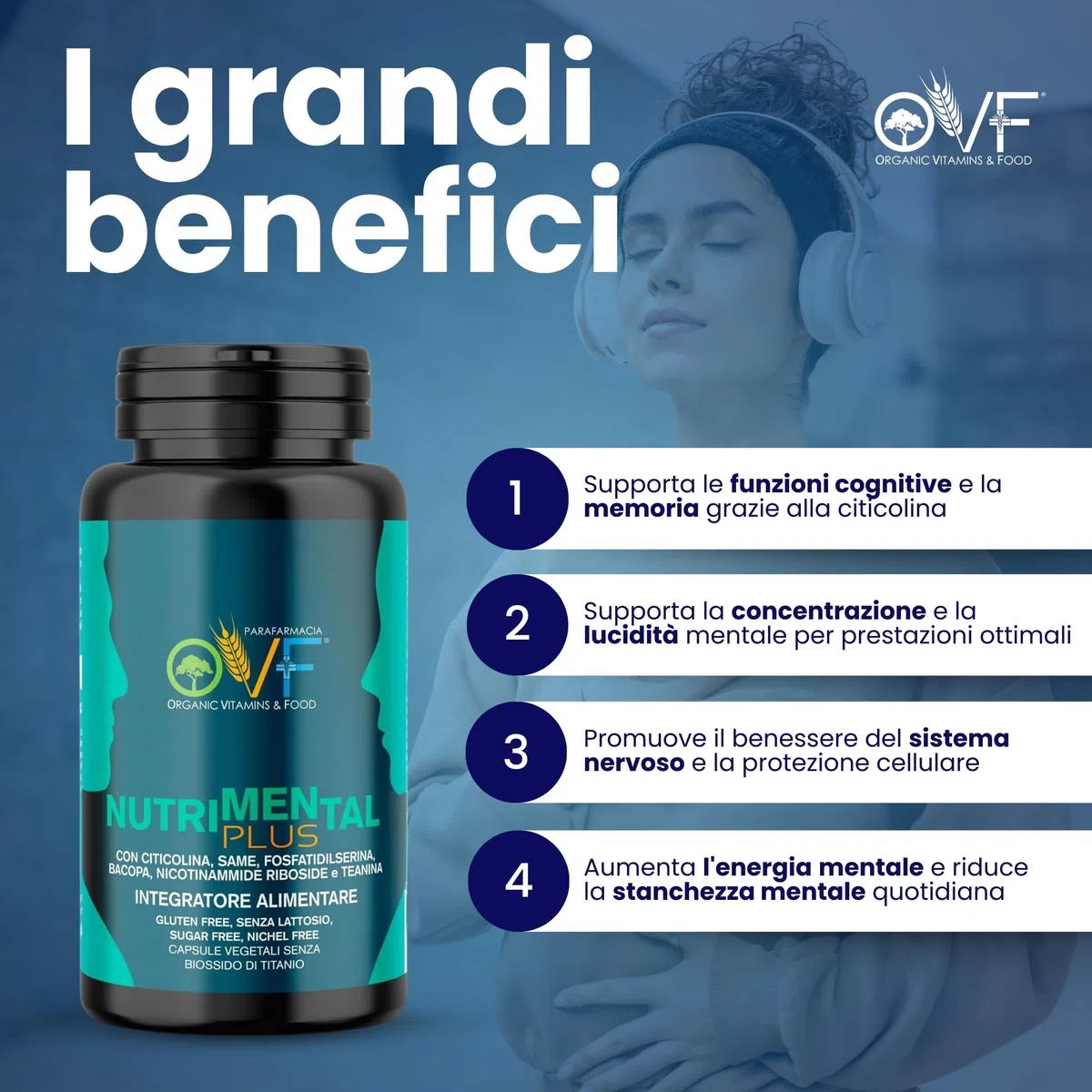 OVF Nutrimental Plus 500mg di Citicolina 60 cps, Integratore Studio Memoria e Concentrazione, contro la Stanchezza Mentale con Fosfatidilserina e Bacopa - per Ragazzi, Universitari, Studenti e Adulti