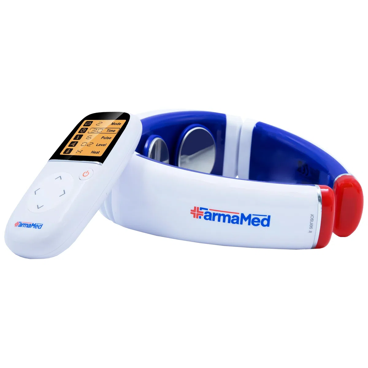 FARMAMED Elettrostimolatore collo, Terapia con calore per dolori muscolari, Elettrostimolatore cervicale multifunzione con telecomando wireless con display LCD