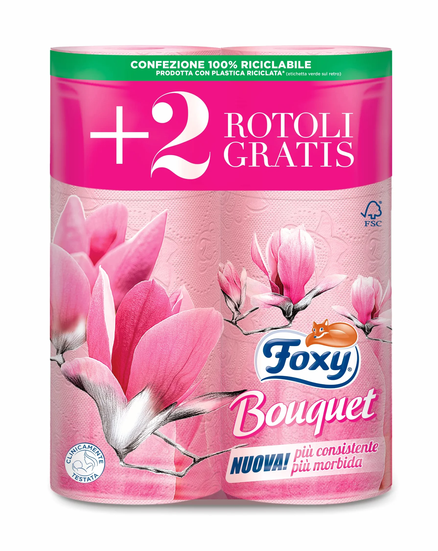 Foxy Bouquet | Carta igienica 54 Tripli Rotoli | Carta rosa al profumo di rosa | Certificazione PEFC | 100% Energia elettrica rinnovabile | Confezione riciclabile prodotta con plastica riciclata