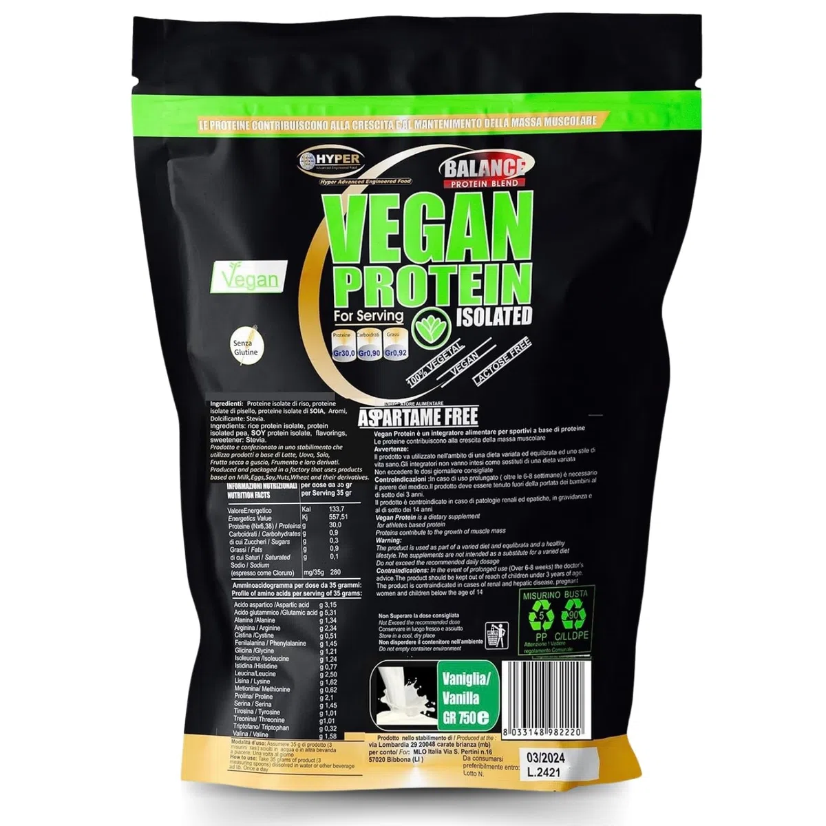 Hyper Proteine Vegane Vegetali Vegan in Polvere g 750 con Proteine del Pisello Soia Riso 90% di Proteine Povere di Carboidrati e Grassi Senza Lattosio Senza Aspartame Vaniglia Prodotte in Italia