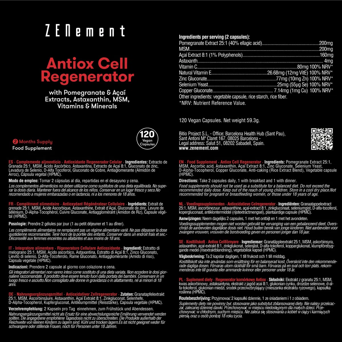 Antiossidante Rigeneratore Cellulare, Anti-invecchiamento, con melograno, Açaí, Astaxantina, MSM, Vitamine C ed E e Minerali (zinco, selenio e rame), 120 capsule | Zenement