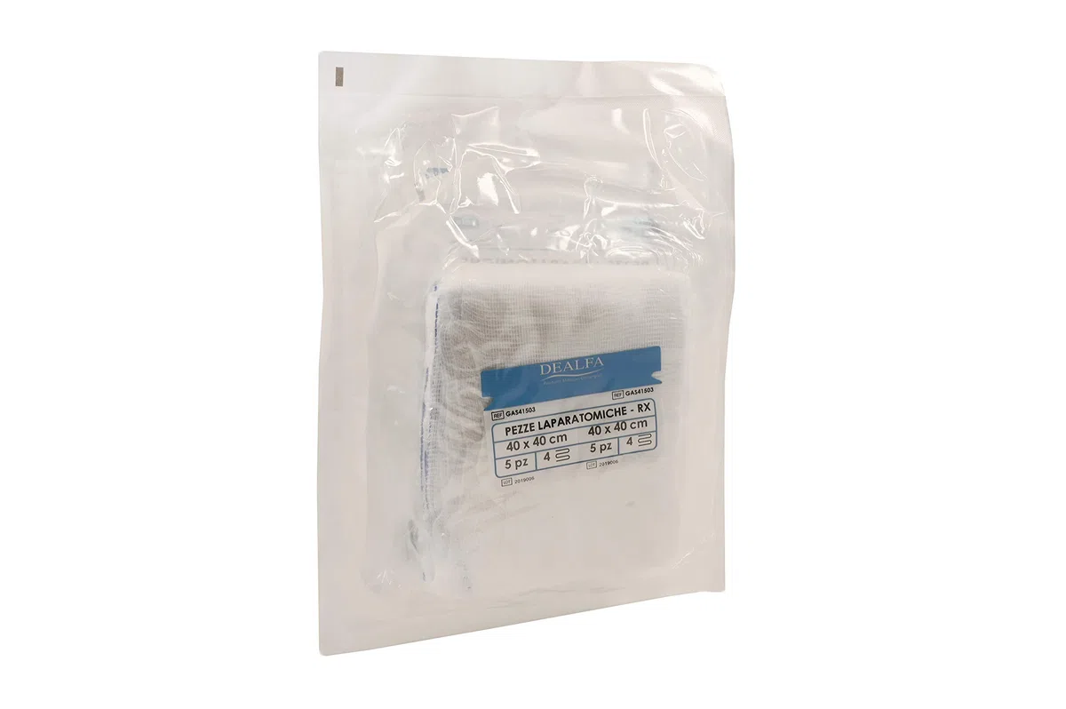 DEALFA Pezze Laparatomiche di Garza Sterili - 40x40 cm - 4 Strati con RX - Colore Bianco - Monouso - Doppia Busta Sterile da 5 Pezzi - Confezione da 5 Buste