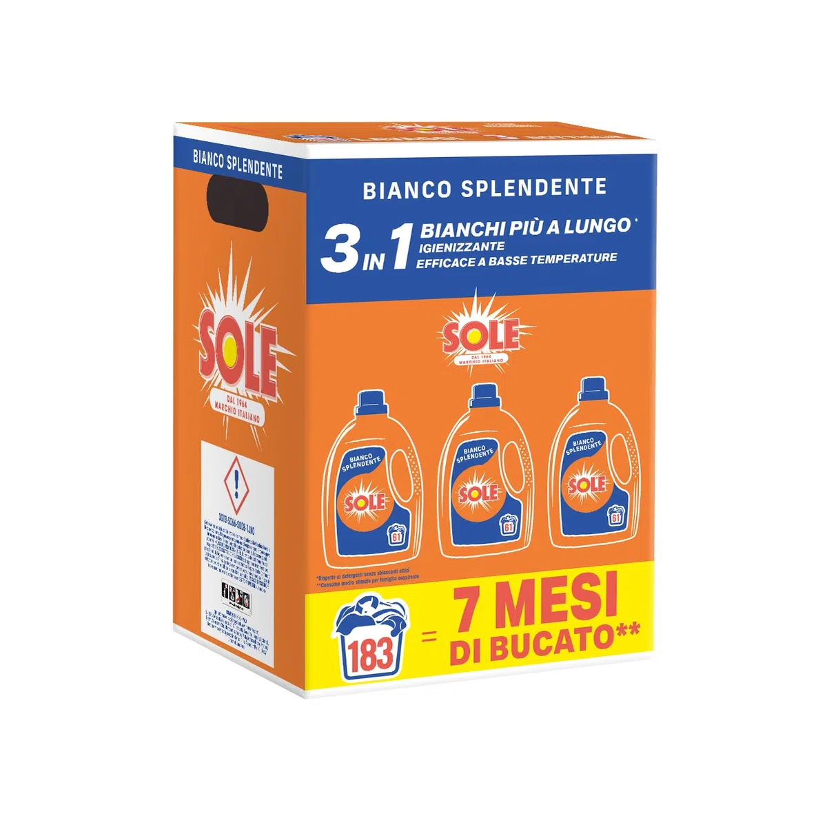 Sole Detersivo Lavatrice Bianco splendente 183 Lavaggi, Formula igienizzante, Detersivo Lavatrice Liquido Bianco Splendente, rimuove le macchie a basse temperature