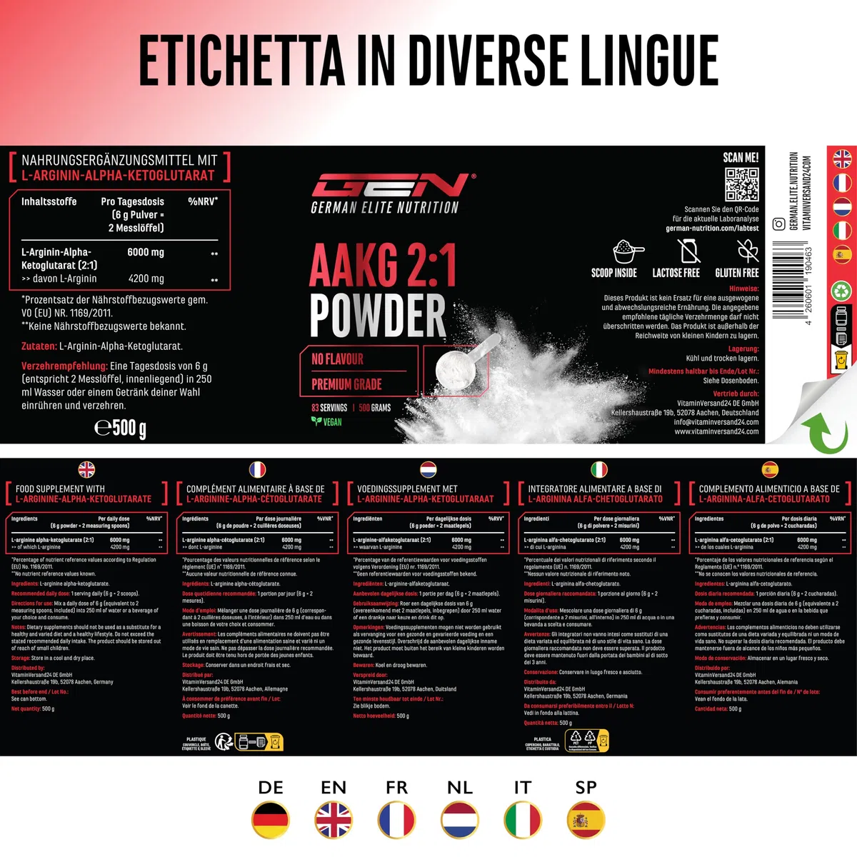 AAKG - 500 g - L-Arginina Alfa-Chetoglutarato (2:1) - Solubilità ottimale - Vegano - Polvere pura senza additivi - Aminoacido di arginina premium - German Elite Nutrition