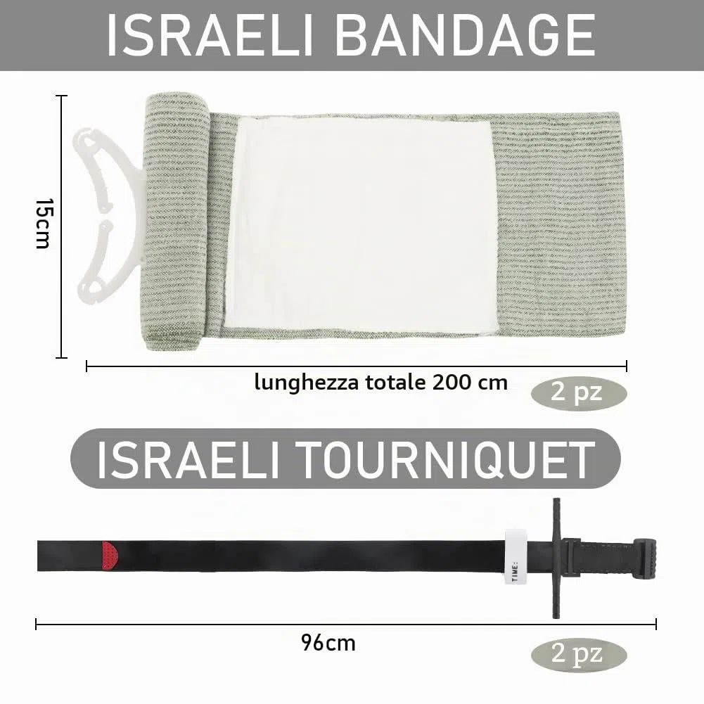 2 tornichetti tattici + 2 bende israeliane da 15,2 cm, con confezione sottovuoto, per uso con una sola mano dell'emostatico, pronto soccorso, per escursionismo, alpinismo, sport, campeggio