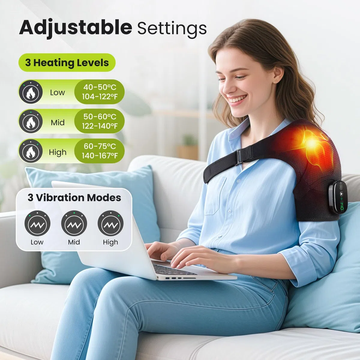 Cuscinetto Termico Senza Fili Per Massaggio Alla Spalla, Tutore Riscaldabile Con 3 Livelli Di Calore E Vibrazione, Schermo Touch E Batteria 5000mah, Adatto A Spalla Sinistra/Destra (Nero)