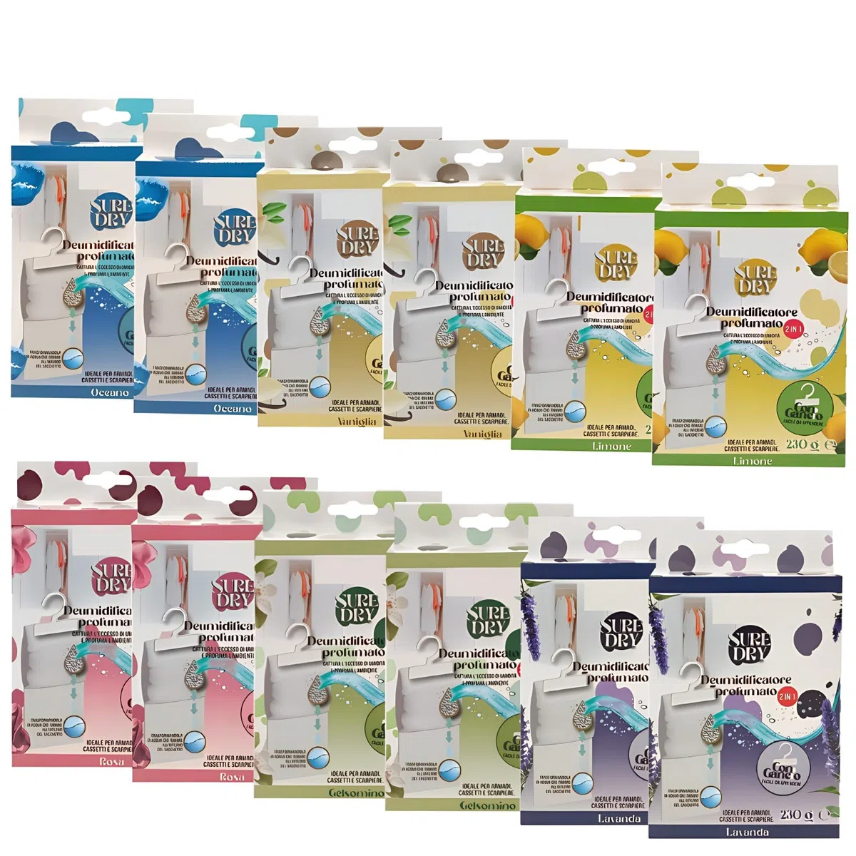 Deumidificatore Casa Profumato – Set da 12 Sacchetti Assorbi Umidità Armadio Appendibili 500ml | Antimuffa per Armadi, Cassetti, Camper Profumatori per Ambienti Chiusi – 6 Fragranze