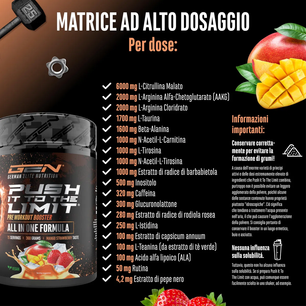 Push it to the Limit - Pre-Allenamento con L-Arginina + Citrullina + L-Tirosina + L-Teanina + L-Carnitina + AAKG + Taurina + Radice di Rosa Rhodiola + Caffeina - Dose elevata - 360 g - Mango Fragola