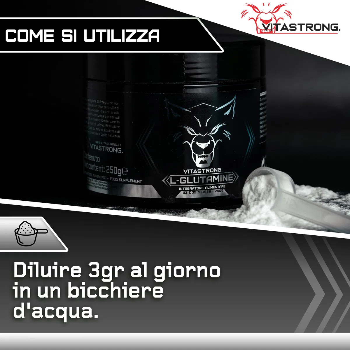 Glutammina in Polvere Vitastrong 250g (83 Porzioni), Stimola GH Ormone della Crescita, L-Glutammina Senza Additivi Superflui per Post Workout Recupero Muscolare, Misurino Incluso