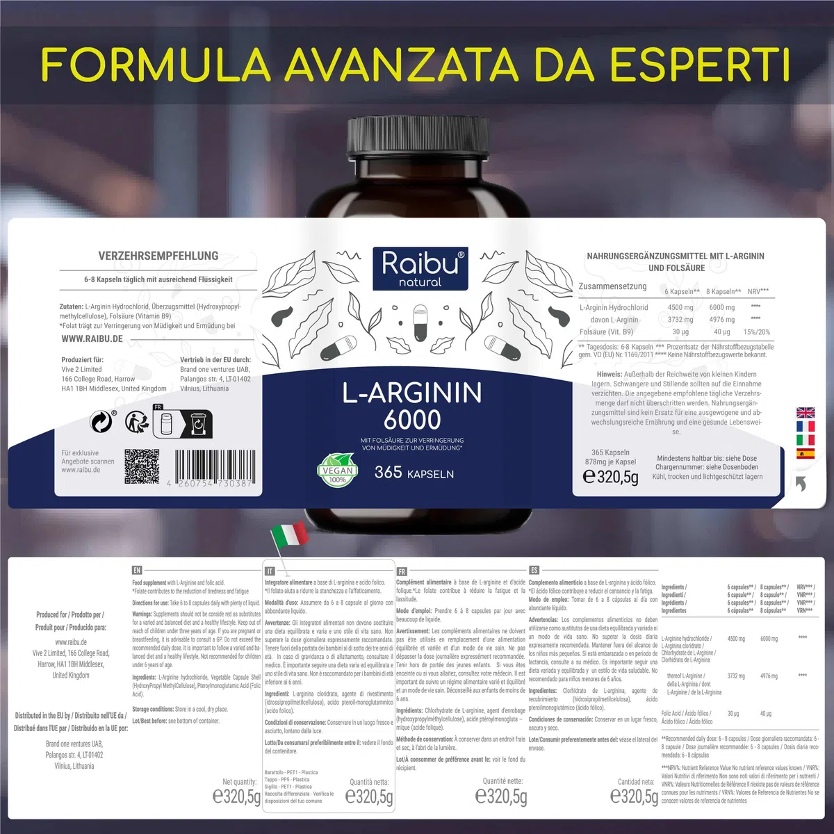 L-Arginina - 365 Capsule Vegane - 6000 mg di L Arginina HCL Pura per Dose Giornaliera - Alto Dosaggio, Senza Additivi e Testato in Laboratorio - Naturale Integratore Alimentare