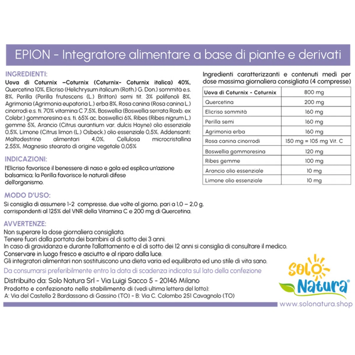 Solo Natura EPION – Supporto Antistaminico Naturale con Uova di Coturnice e Quercetina, Sollievo per Sensibilità a Pollini e Agenti Esterni, 50 Compresse da 500 mg