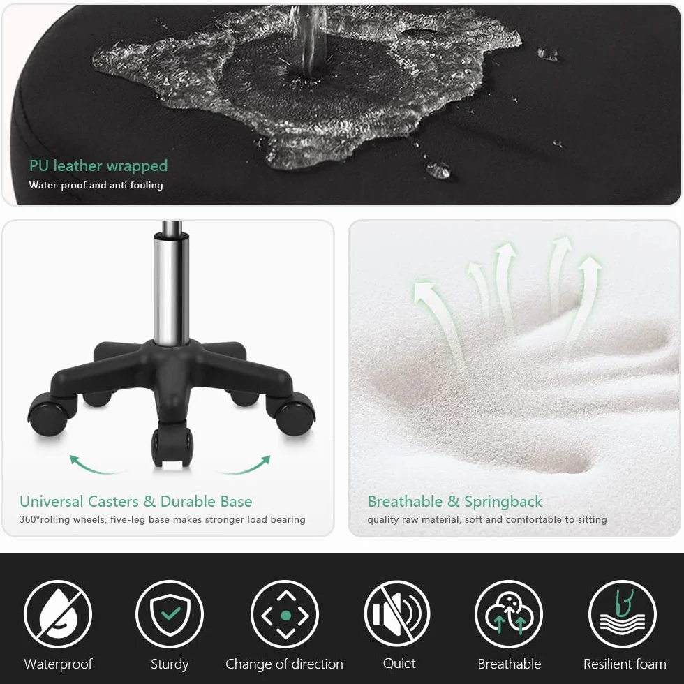 FURWOO Sgabello rotondo girevole altezza regolabile con ruote per Spa Salon Massage Nero