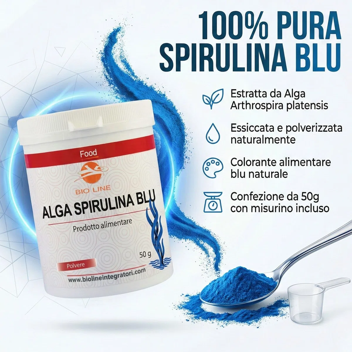 Laboratori Bio Line - Spirulina Blu 50gr, Alga Spirulina Polvere Alimento in Polvere Costituito dall’Essiccamento e Polverizzazione dell’Alga, Colorante Alimentare Blu Naturale