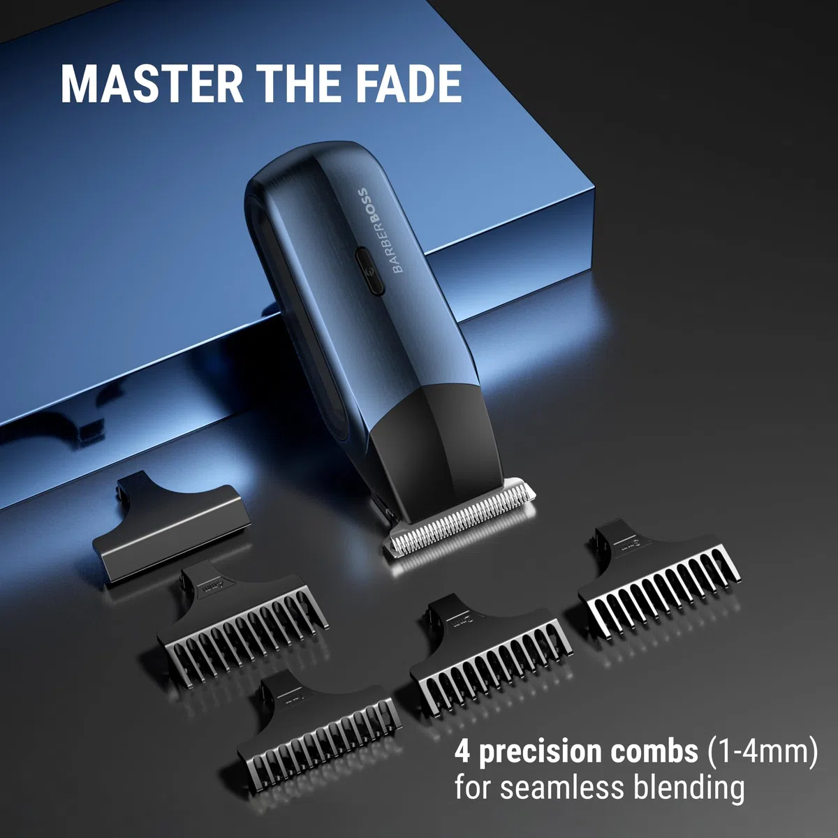 BarberBoss Rasoio elettrico da uomo 3 in 1, kit da viaggio per uomo, rasoio per barba e capelli, trimmer naso e orecchie, mini testina di rasoio, toelettatura maschile (Blu Navy Metallizzato)