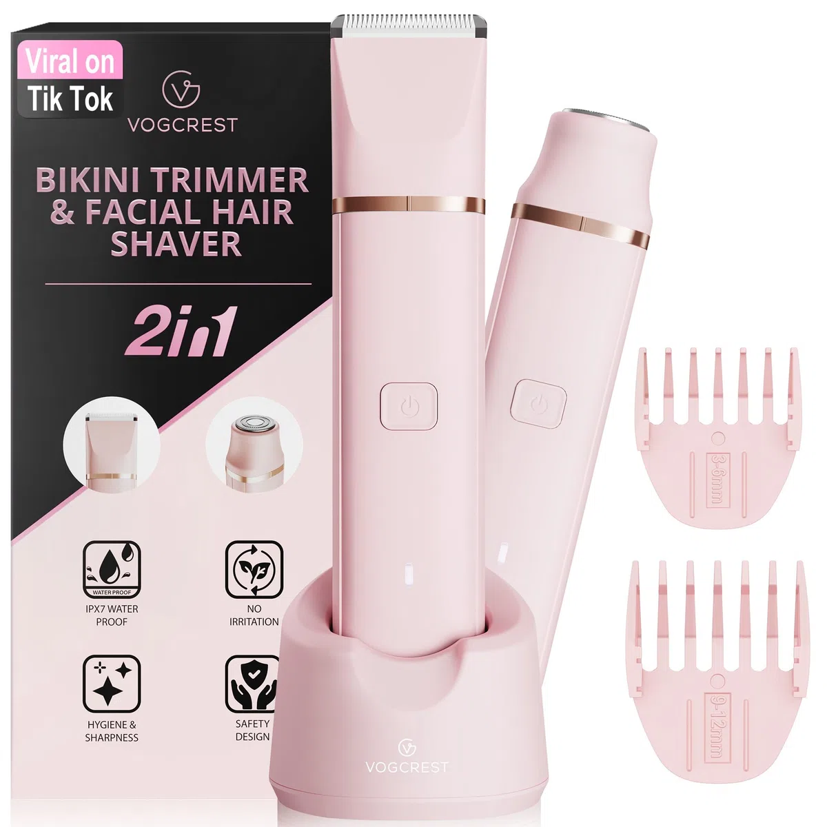 VG VOGCREST Rasoio elettrico per bikini: ricaricabile per rimuovere i peli del corpo, da donna, indolore, per braccia, ascelle, gambe, peli pubici (rosa)