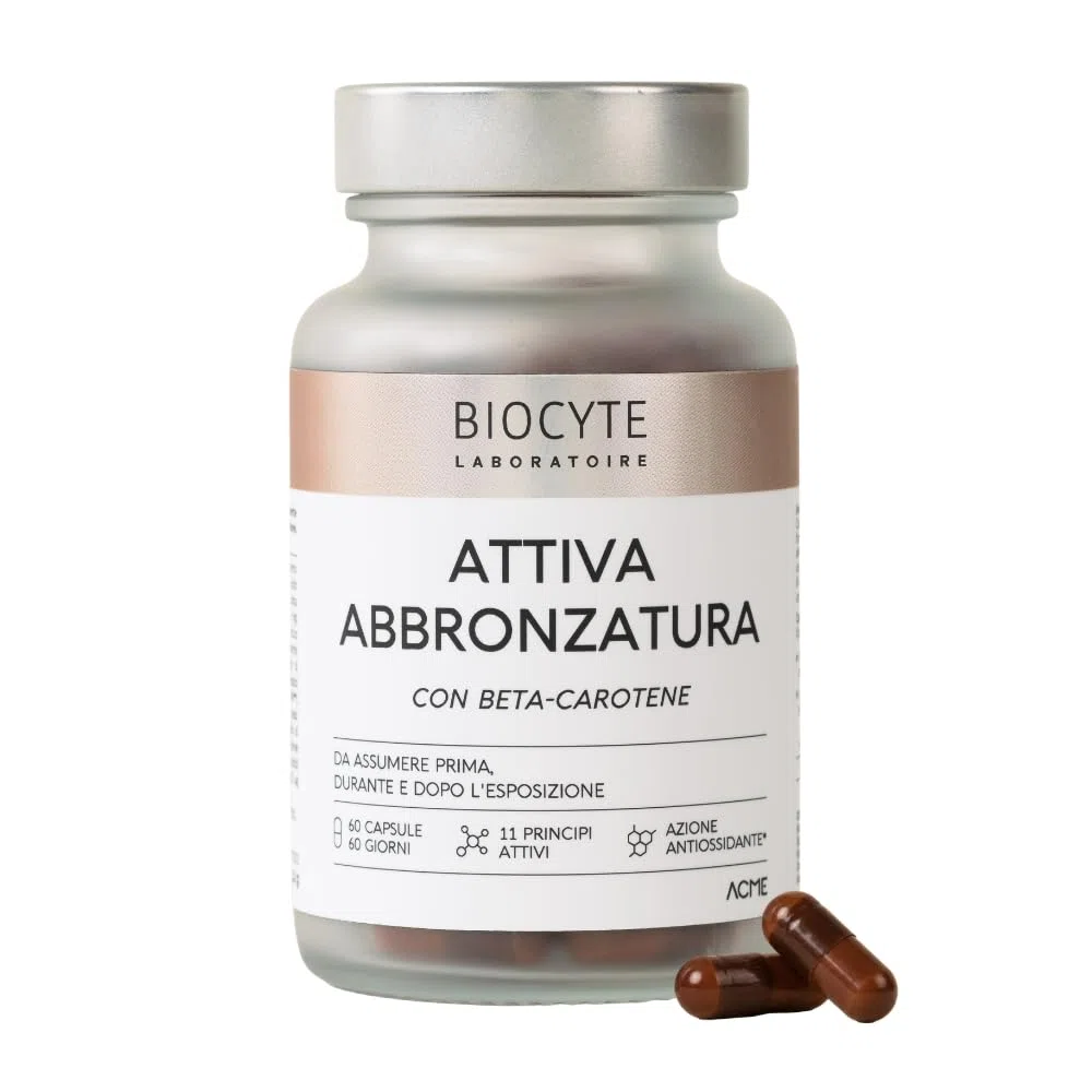 Biocyte Attiva Abbronzatura - Preparatore Solare - Integratore con Betacarotene - Rame, Vitamina D3, Vitamina E - Attivatore Abbronzatura Pelle Viso e Corpo - Vegano - 60 Capsule - 2 Mesi