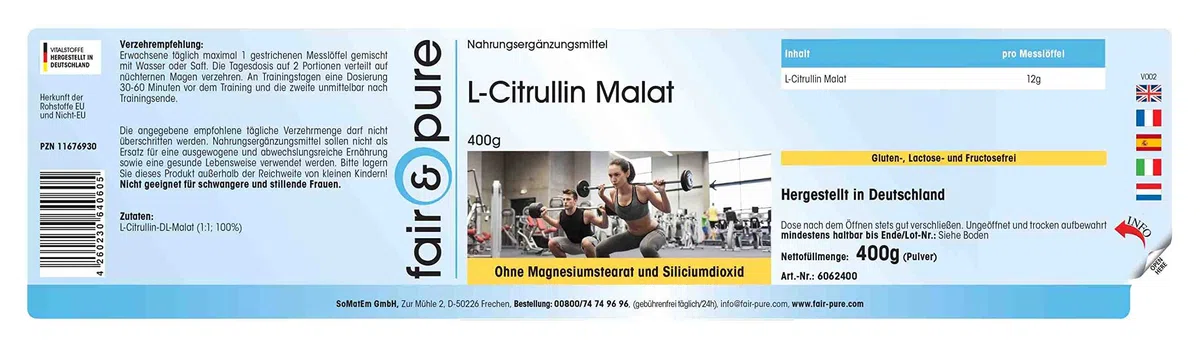 Fair & Pure® - L-Citrullina in polvere - Malato - Sostanza pura - Senza additivi - Senza zuccheri aggiunti - Neutra - 400g