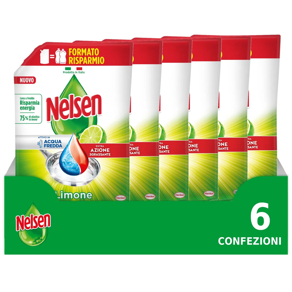 Nelsen Classico Limone, formato ricarica, Detersivo per piatti a mano, Sgrassa a fondo con azione Rinfrescante sulle Stoviglie, confezione risparmio da 6 confezioni da 1650 ml