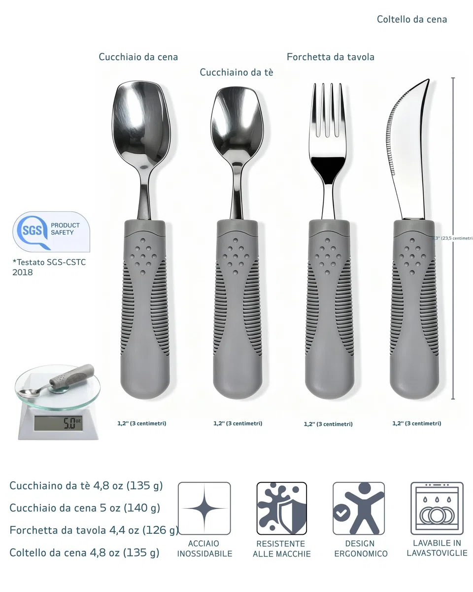 Set Posate Adattive Pesate 142g Argenteria Moderatamente Pesata per Tremore alle Mani Parkinson – Coltello a Dondolo, Cucchiaio Pala, Impugnatura Ergonomica (Grigio)