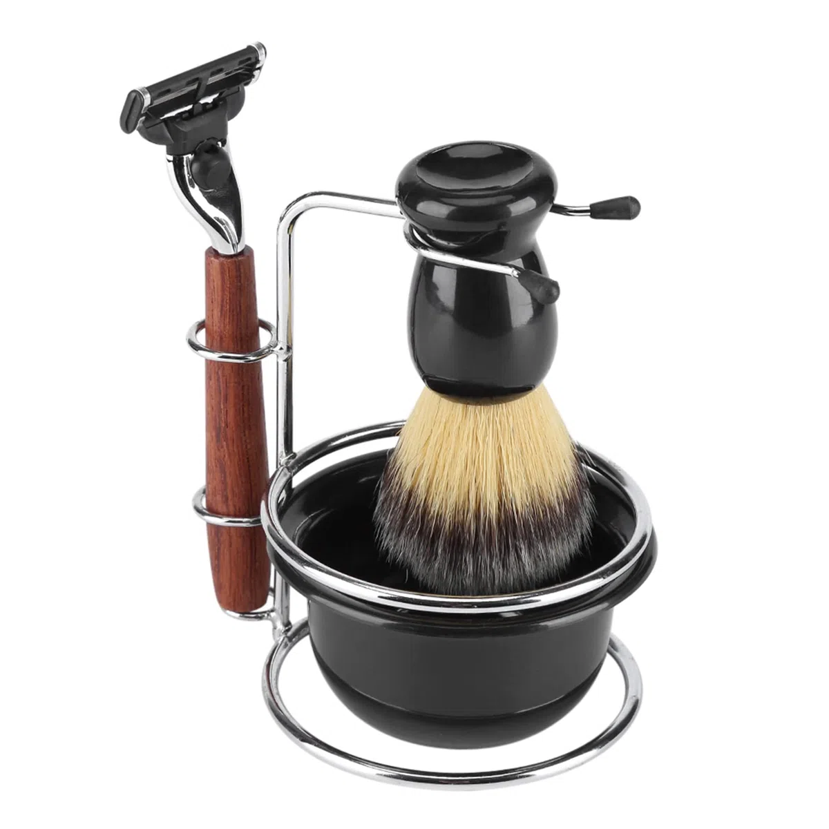 Kit rasoio di sicurezza manuale con supporto, pennello da barba in pelo di tasso, tazza e ciotola da barba per schiuma, kit da barba da uomo in acciaio inossidabile con manico in legno, regalo per