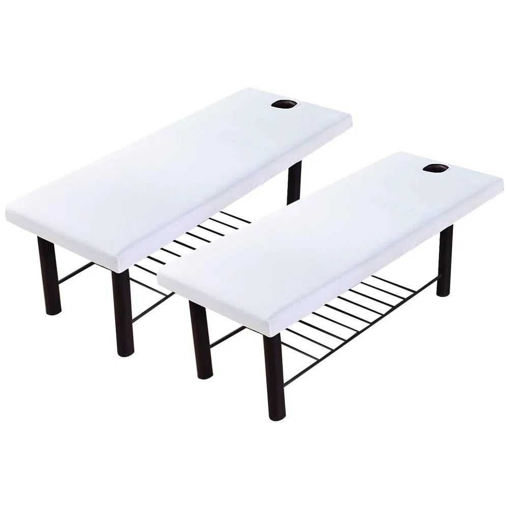 2 lenzuola per lettini da massaggio, con foro universale per il viso, con angoli elasticizzati, per SPA e salone di bellezza per il viso, (colore: bianco)
