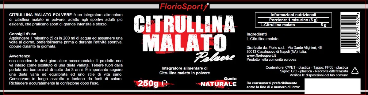 FlorioSport Citrullina Malato 250 g in Polvere Pura, Citrullina Amminoacido Pre Workout, Forza e Resistenza. Senza Aromi e Senza Edulcoranti Artificiali (Scadenza 10/2025)