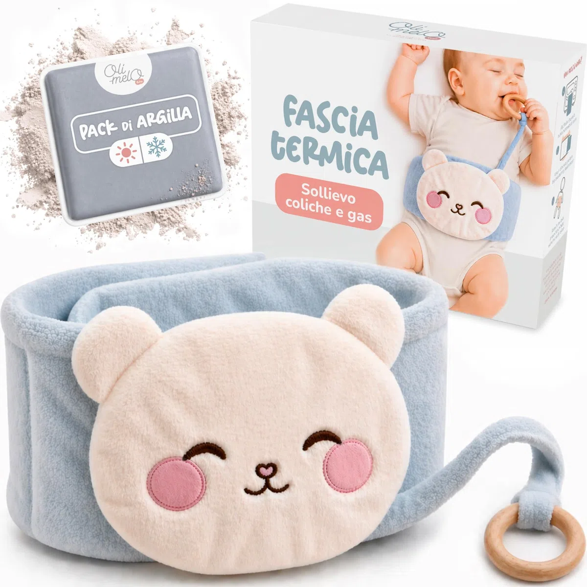 Borsa dell'Acqua Calda per Bebè Anti Coliche – Caldo & Freddo – Allevia Dolori & Gonfiori – CE – Impacco di Argilla, Anello da Dentizione Incluso, Fascia Peluche per Neonati e Lattanti