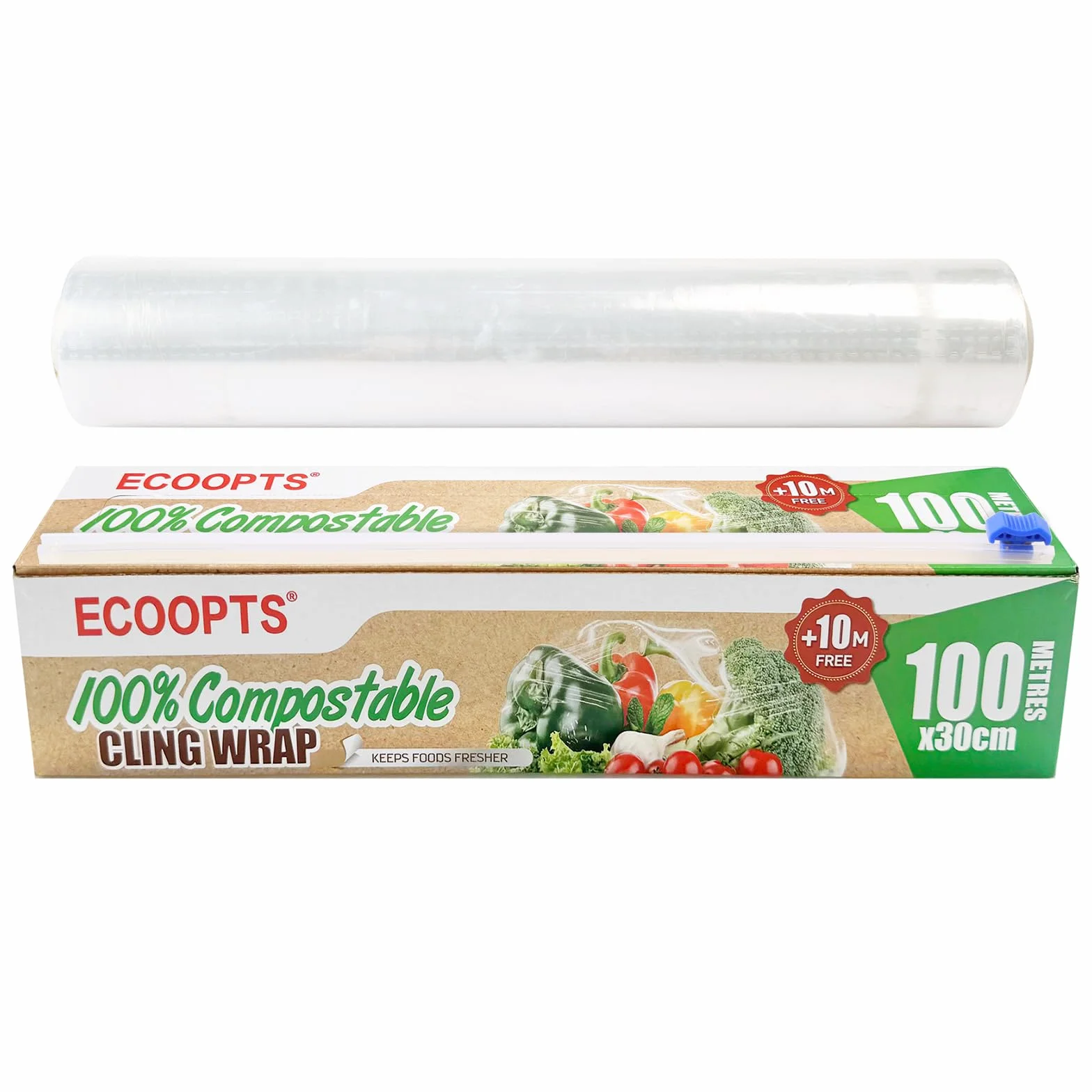 ECOOPTS Pellicola trasparente 100% compostabile con taglierina scorrevole | Senza BPA e biodegradabile | Pellicola trasparente adatta al microonde e al congelatore | 30 cm x 110 m