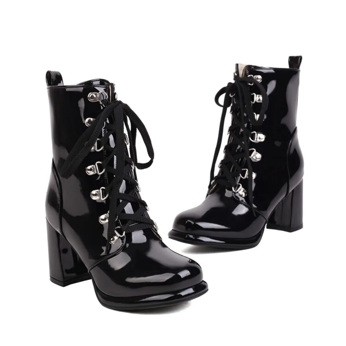 Stivaletti con Lacci con Cerniera da Donna Tacco Alto Grosso 8CM / 3,14 Pollici Stivali da Discoteca da Ballo in Vernice Sexy alla Moda
