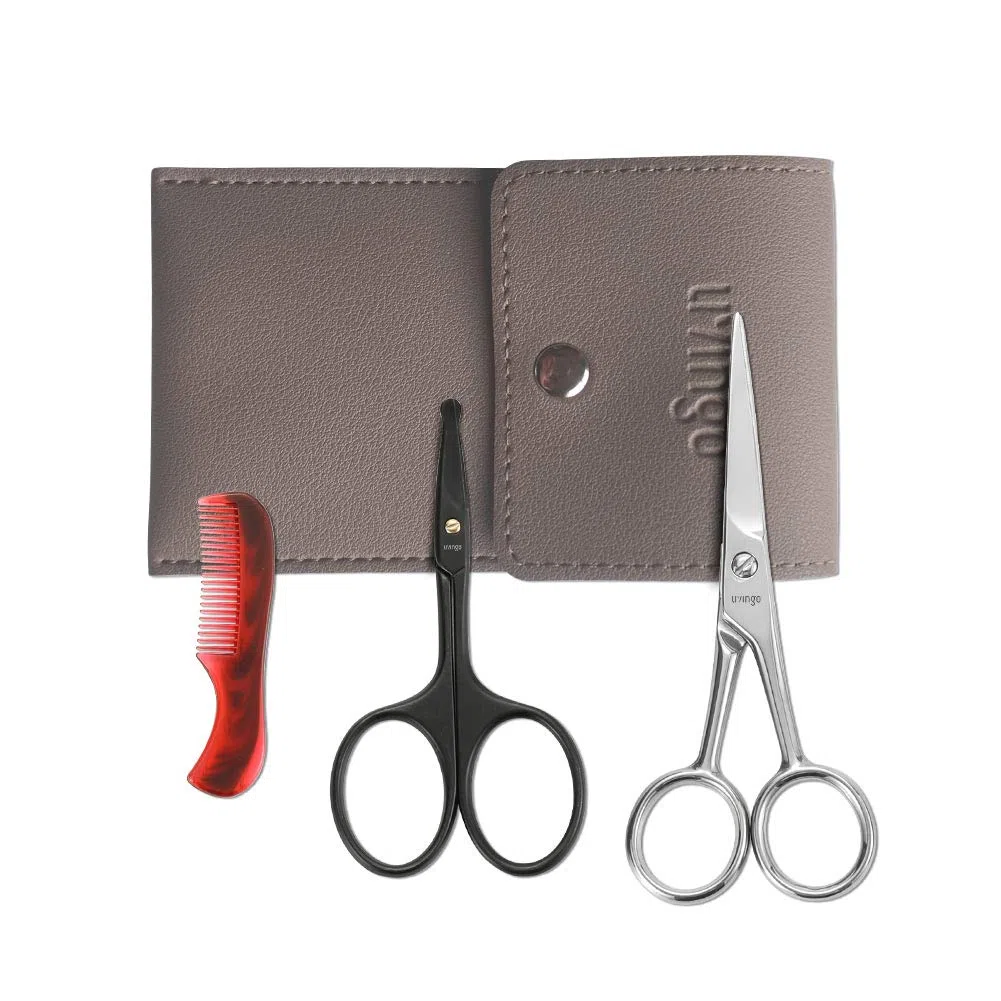 LIVINGO Forbici da Barba e Baffi da 4,5 cm, Professionale, Punta Arrotondata, in acciaio inox per la sicurezza, piccola bellezza del viso, naso, kit con mini pettine e custodia in pelle