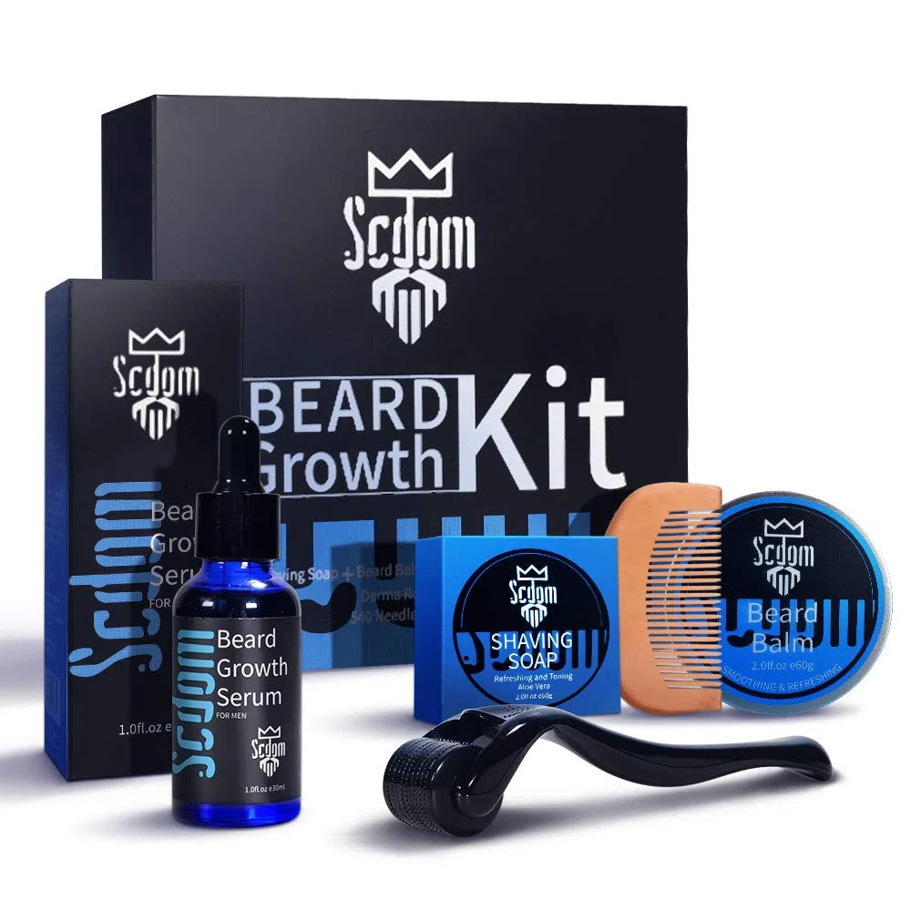 Kit per la Crescita Della Barba, Scdom Kit per la Crescita Della Barba da Uomo con Derma Roller+Olio Siero per la Crescita Della Barba+Balsamo per la Barba+Sapone per la Pulizia Della Barba+Pettine
