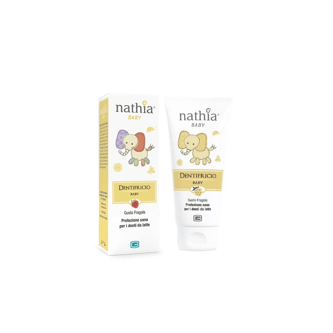 Dentifricio Baby, dentifricio in gel per l'igiene orale dei bambini. Protegge i denti da latte. Formula biologica e naturale. Privo di fluoro e coloranti. Al gusto fragola.