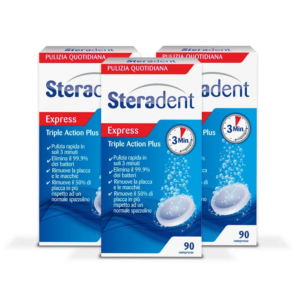 Steradent Triple Action Plus, 90 Compresse 3 Confezioni, Maxi formato