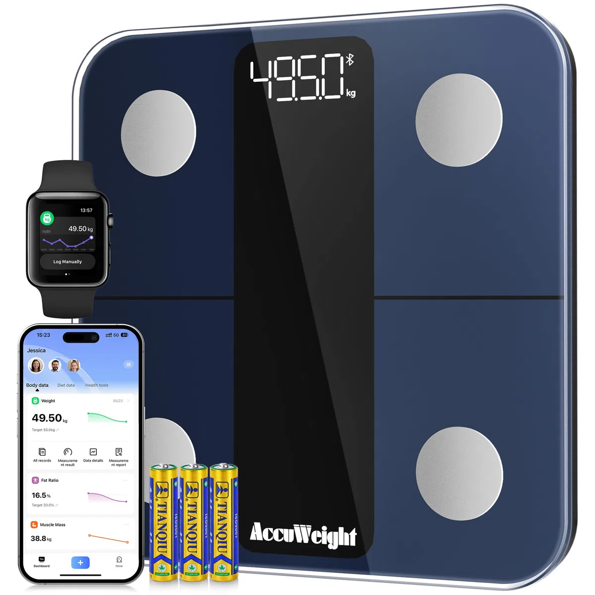 ACCUWEIGHT Bilancia Pesapersone Digitale Bilancia intelligente 180KG con Analisi Corporea e APP Bilancia BIA Impedenziometrica Bilancia Massa Magra e Grassa Misura BMI Frequenza Cardiaca