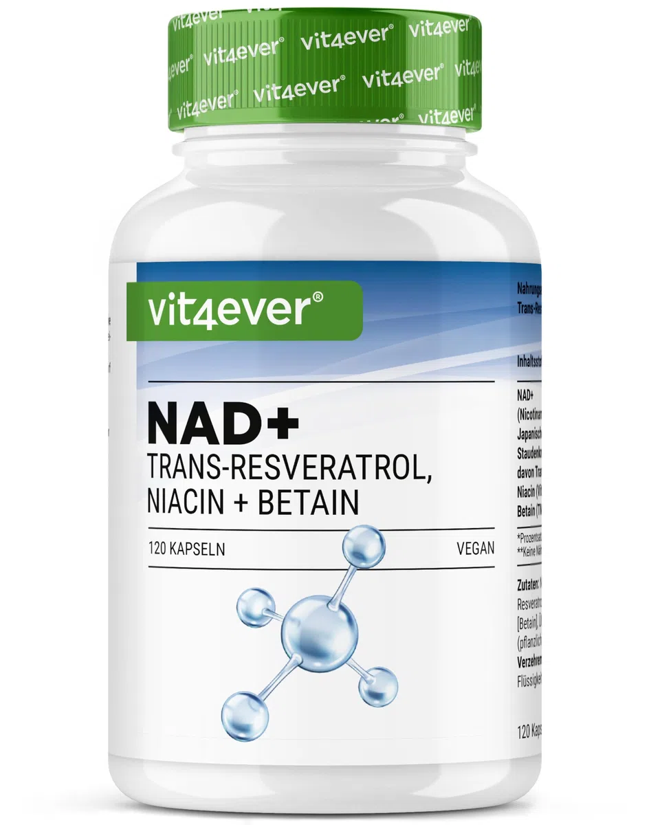 vit4ever Capsule NAD+ - 500 mg di NAD+ (Nicotinamide Adenina Dinucleotide) + 250 mg di Trans-Resveratrolo 98% + 150 mg di Niacina + 100 mg di Betaina (TMG) - 120 Capsule Vegane - Scorta per 60 Giorni