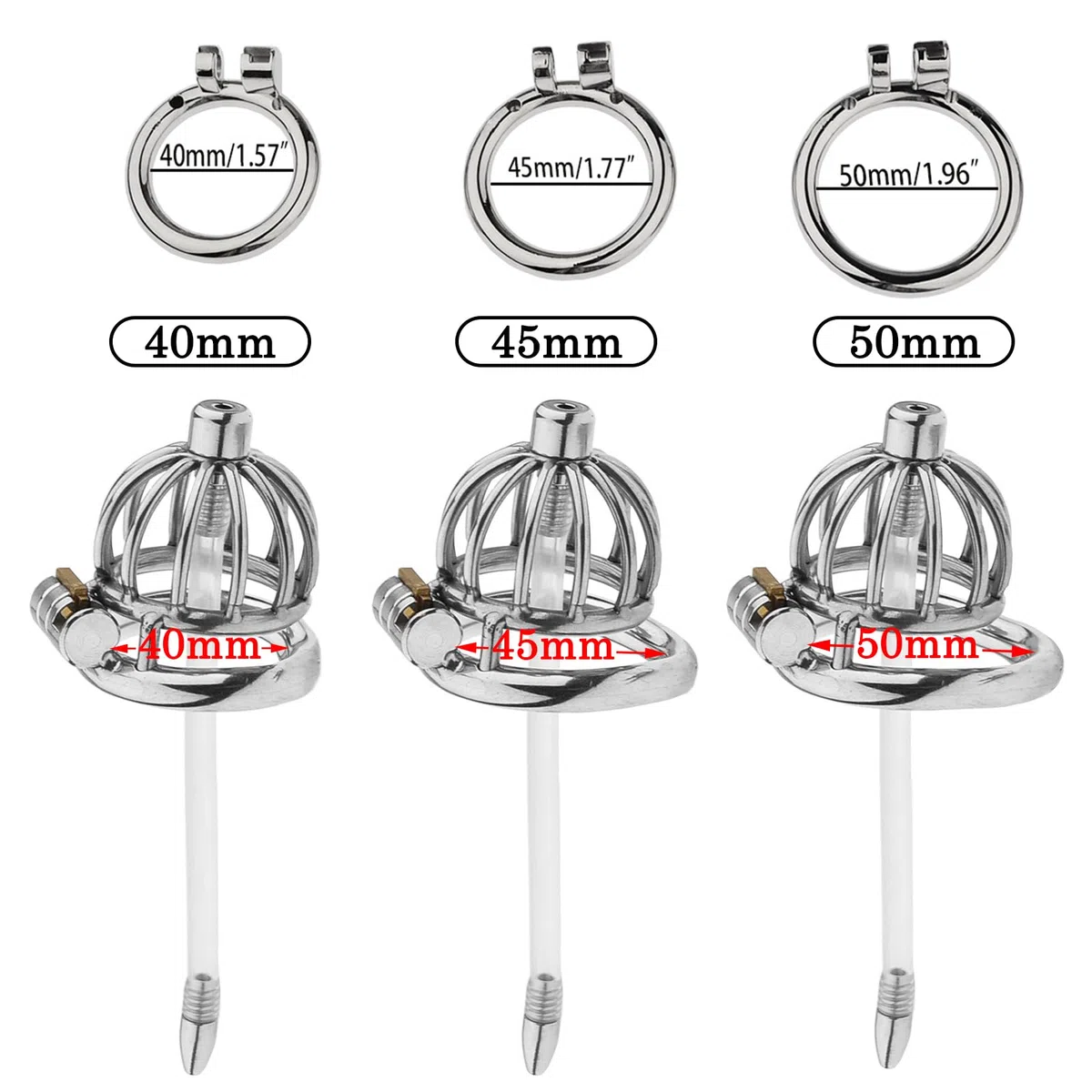 BDSMLOVE Gabbia di castità in acciaio inossidabile, Chastity cage con Catetere cavo, gabbia castità per uomo, cock cage per Prevenire L'erezione, uomo Castità Set di anelli (45 mm)