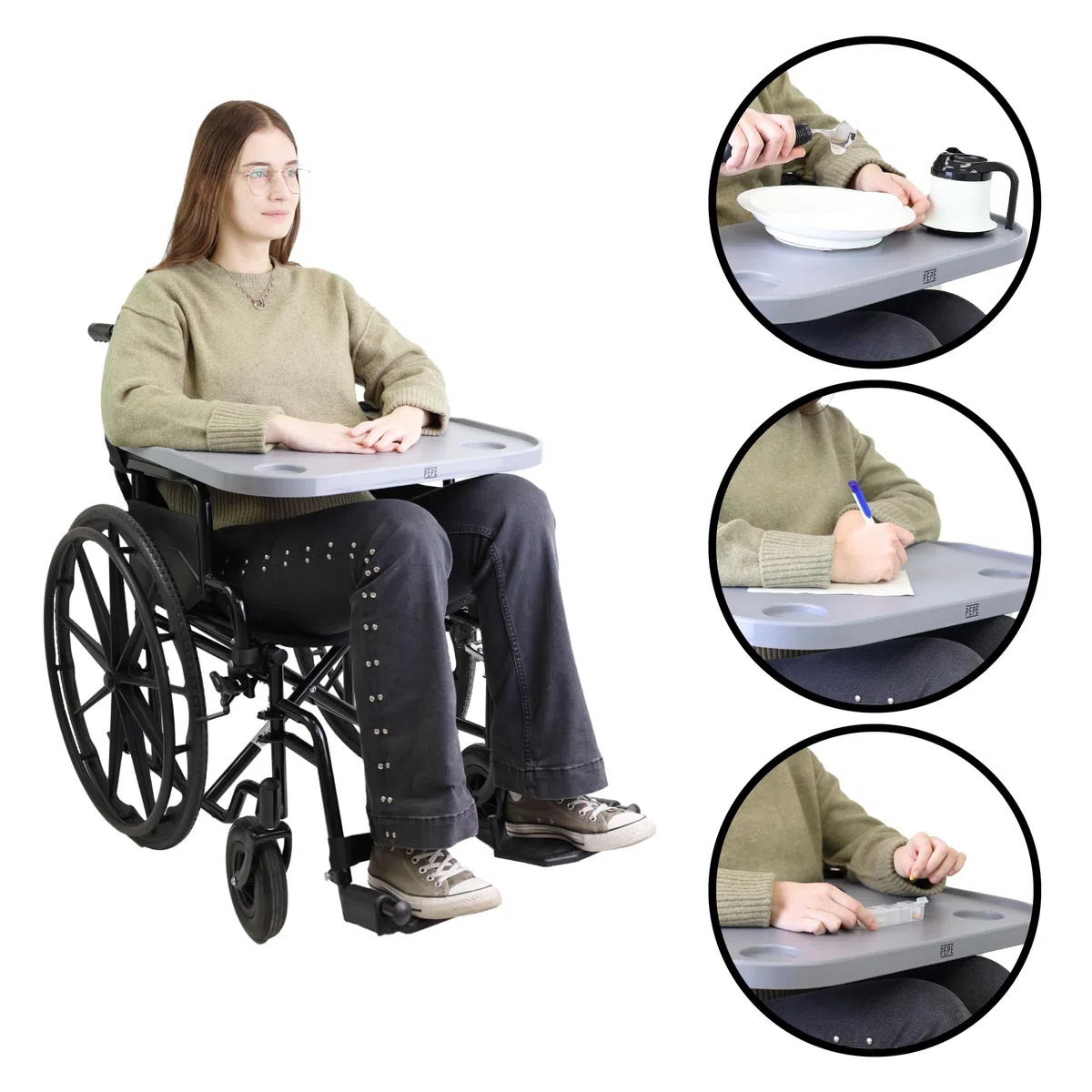 PEPE Mobility Tavolino per Sedia a Rotelle (Vassoio Rimovibile con Portabicchieri), Universale, Facile da Installare, Adulti e Disabili