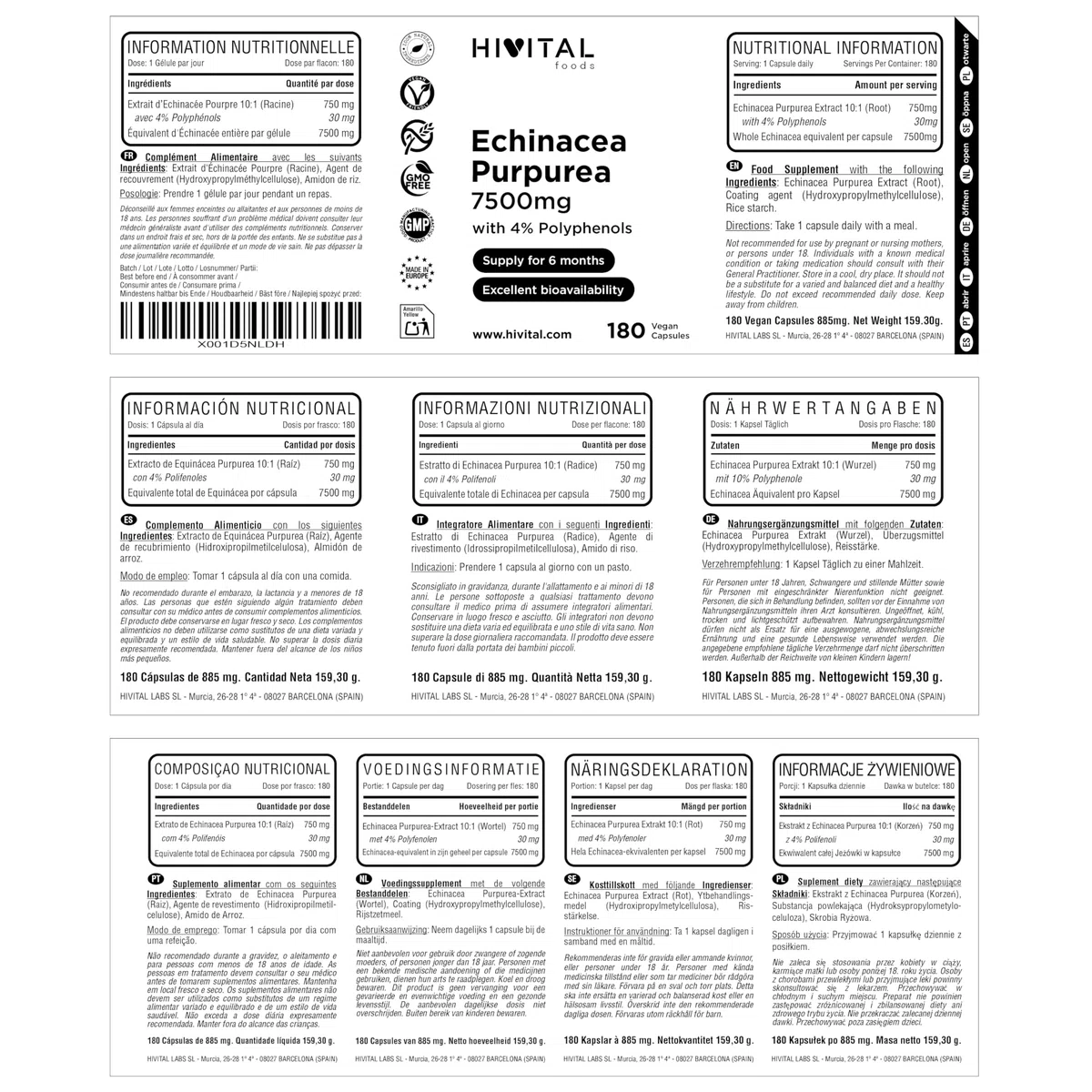 Echinacea 7500 mg. 180 capsule vegane per 6 mesi di trattamento. Estratto di Echinacea Purpurea con il 4% di Polifenoli. Prodotto in Europa da HIVITAL