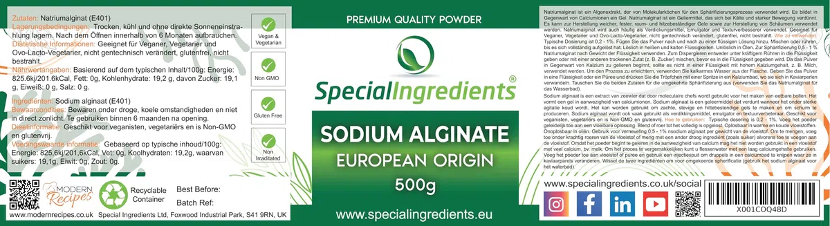Special Ingredients Alginato di sodio in polvere da 500 g, estratto di alga, addensante, emulsionante e miglioratore di consistenza, adatto per vegani e vegetariani, imballaggio riciclabile