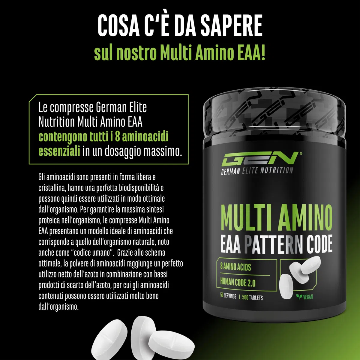 Multi Amino-EAA Pattern Code - 500 compresse da 1000 mg ciascuna - Formula Human Code - Tutti gli 8 aminoacidi essenziali - Da fermentazione vegetale - Alto dosaggio - Vegan