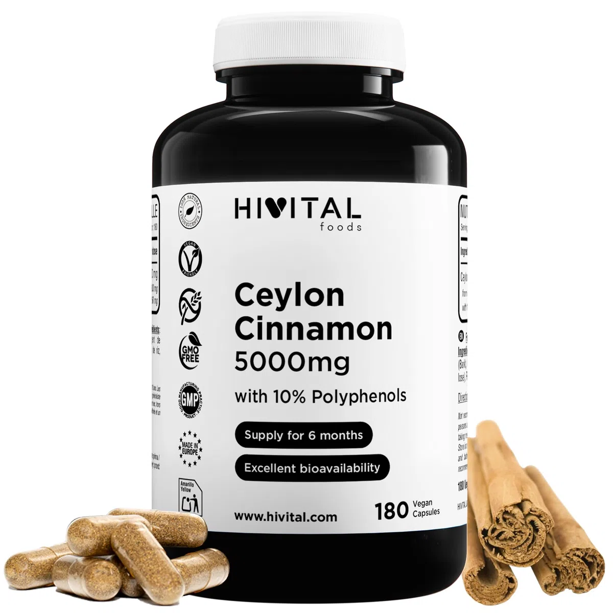 Cannella di Ceylon 5000 mg. 180 capsule vegane per 6 mesi di trattamento. Estratto naturale di cannella (Cinnamomum Zeylanicum) con il 10% di polifenoli. Da HIVITAL