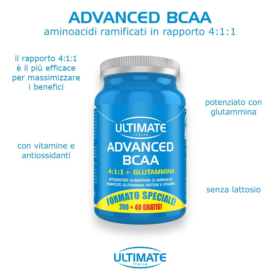 Advanced Bcaa - Formula Avanzata Aminoacidi Ramificati nel Rapporto 4.1.1 Leucina, Isoleucina, Valina, Glutammina Peptide, Vitamina B6 Maggiore Assimilazione - 240 Cpr - Ultimate Italia