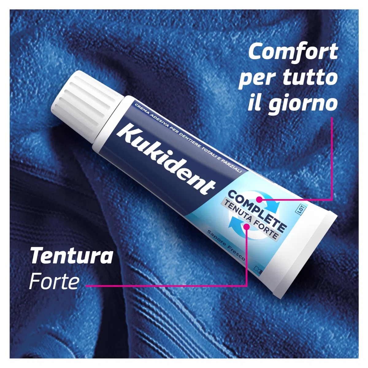 Kukident Complete Crema Adesiva per Protesi Dentali Totali e Parziali, Tenuta Forte, Sapore Fresco. Confezione da 3x35g