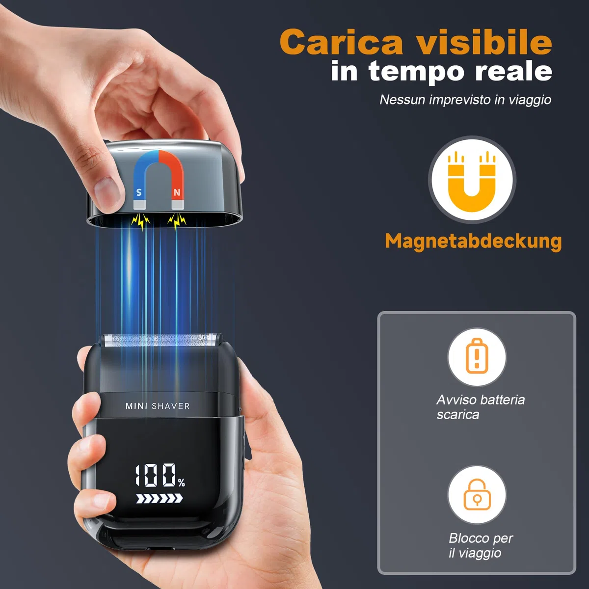 Mini Rasoio Elettrico Barba con Display LED, Rasoio Elettrico Uomo Impermeabile IPX7, Portatile Silenzioso e Lavabile