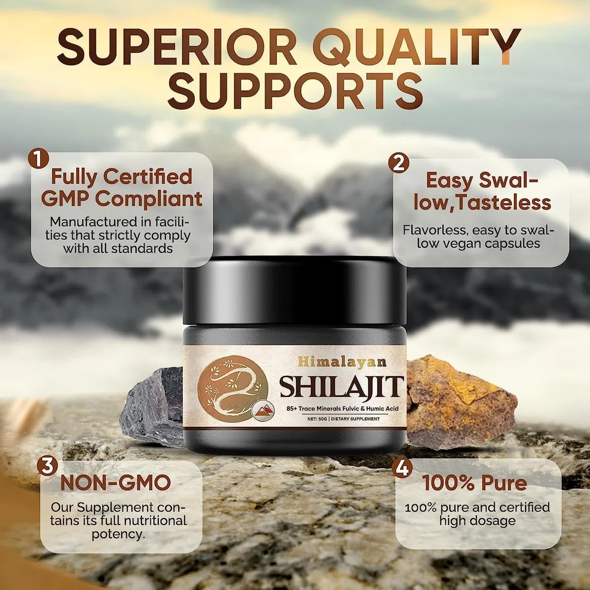 Shilajit-Himalayano-Puro-Organica, 50g-Shilajit-Organico con 85+ Oligominerali e Acido Fulvico, Shilajit Organico Naturale di Potenza