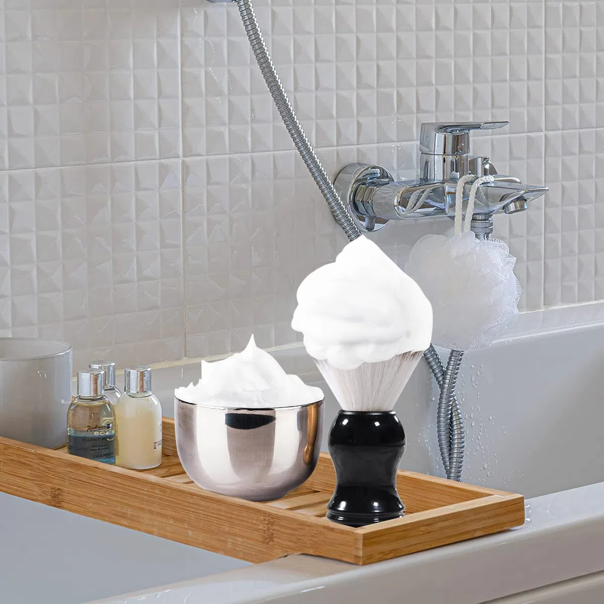 Grandslam Set di Pennelli da Barba Premium, 3 in1 Pennelli da Barba da Uomo, Supporto e Ciotola in Acciaio Inox, Kit Tradizionale per Rasatura a Umido, Set da Barba Manuale per Regalo da Uomo (Nero)