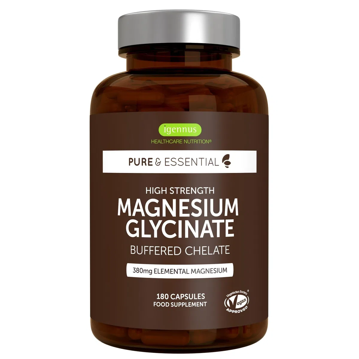 Igennus Magnesio Glicinato Chelato 380mg, 180 Capsule (3 Mesi), Bisglicinato Puro ad Alto Assorbimento, Delicato sullo Stomaco, Supporta Sonno, Muscoli e Sistema Nervoso, Ingredienti Puri e Vegani